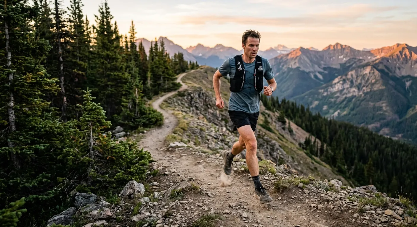 Trail runner on alpine singletrack at sunrise with a ridgeline view behind
